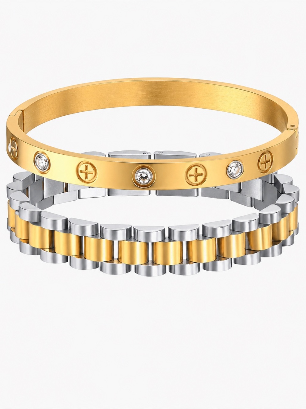 2-Piece Luxury Inspired Stainless Steel Bracelet Set Gold Silver CZ Bangle 🩶🧡